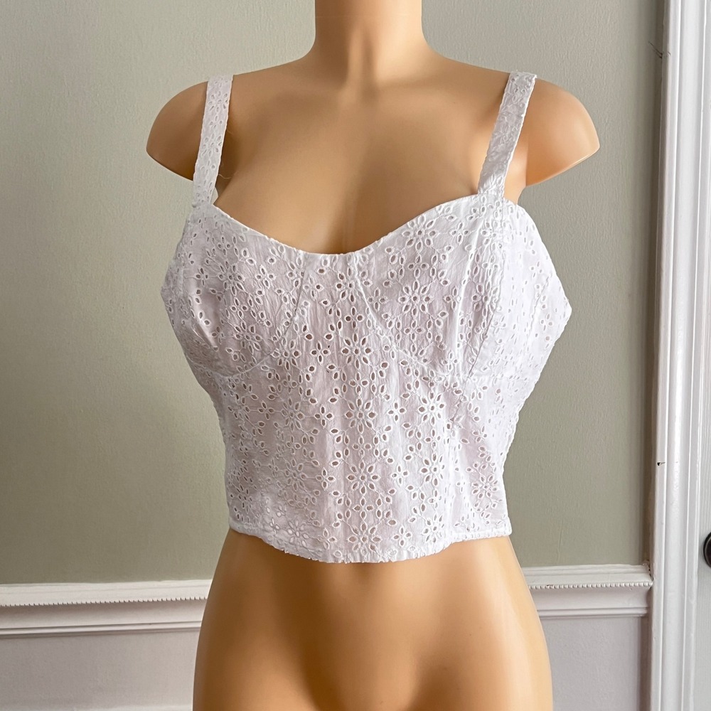 Dizzire Eyelet Bustier Crop Top‎ Womens L White Smocked Back Cotton Cottagecore